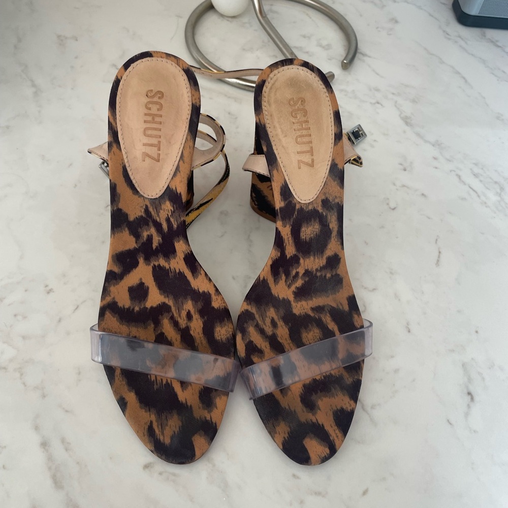 Schutz Queen Leopard Print Clear Strap Sandals Size 7.5